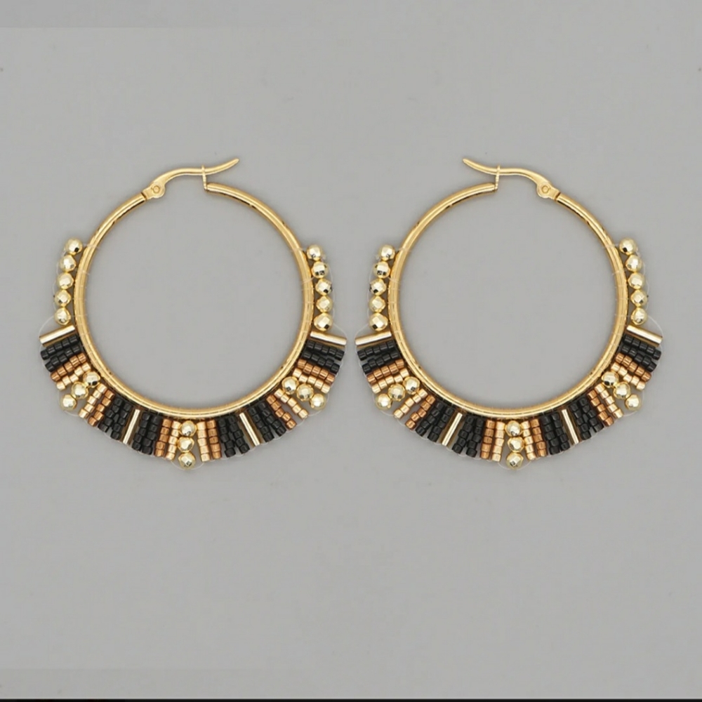 Beaded Hoop Earrings Black & Gold Miyuki Rice Beads - Picture 8 of 11